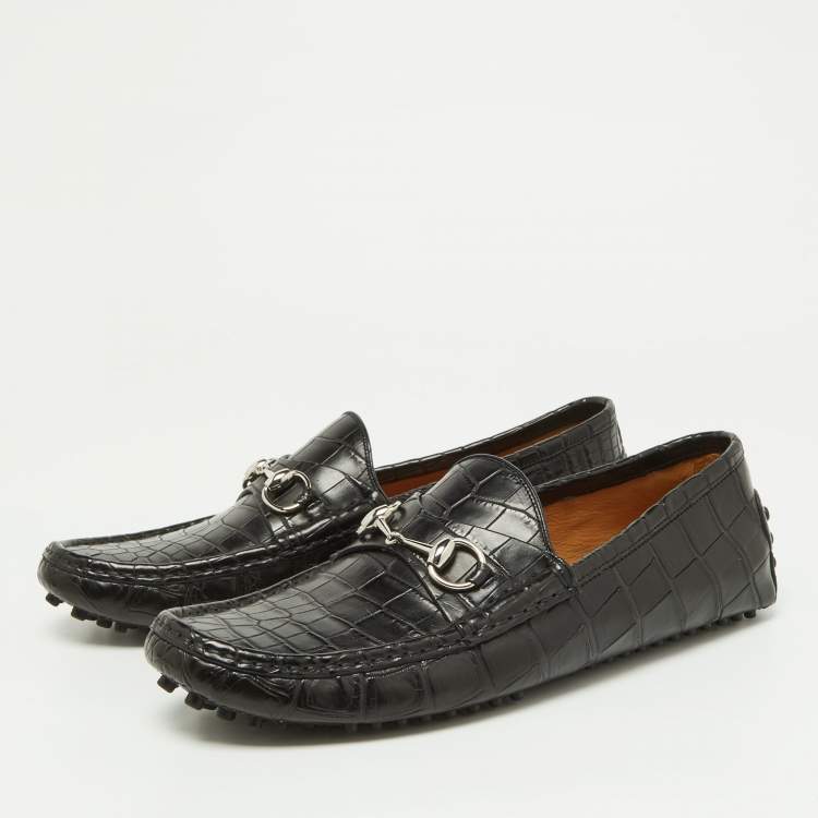 Pre Owned Gucci Black Crocodile 1953 Horsebit Loafers Size 44