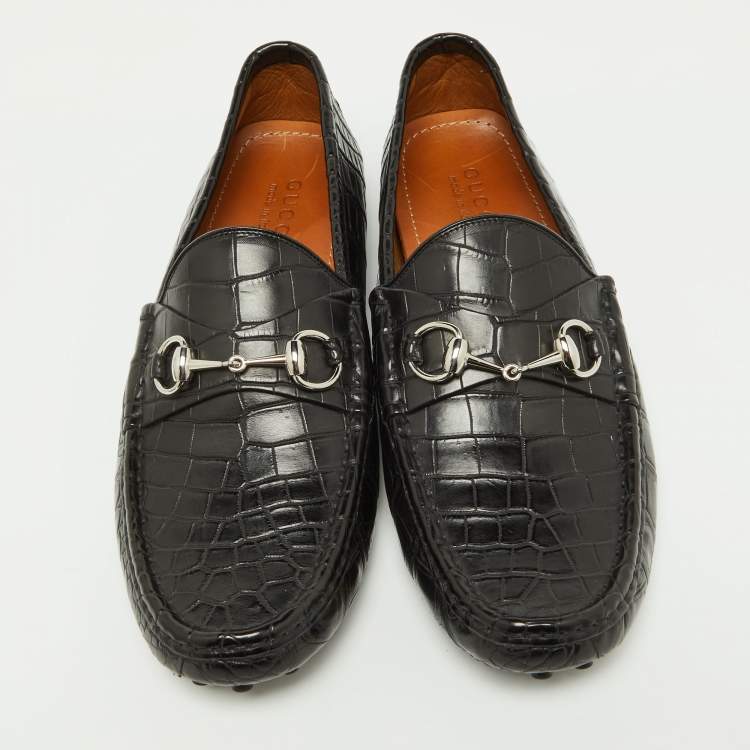 Pre Owned Gucci Black Crocodile 1953 Horsebit Loafers Size 44