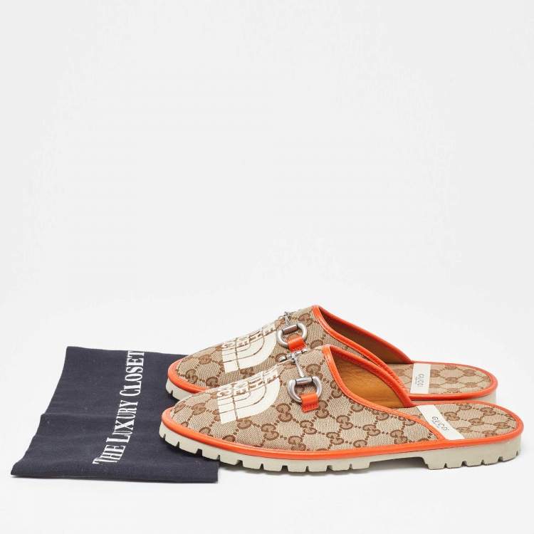 Pre Owned Gucci x The North Face Beige/Orange GG Canvas and Leather Slide Flats Size 43