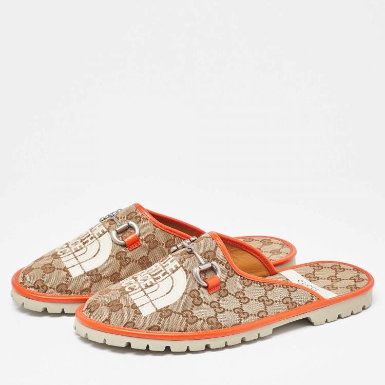 Pre Owned Gucci x The North Face Beige/Orange GG Canvas and Leather Slide Flats Size 43