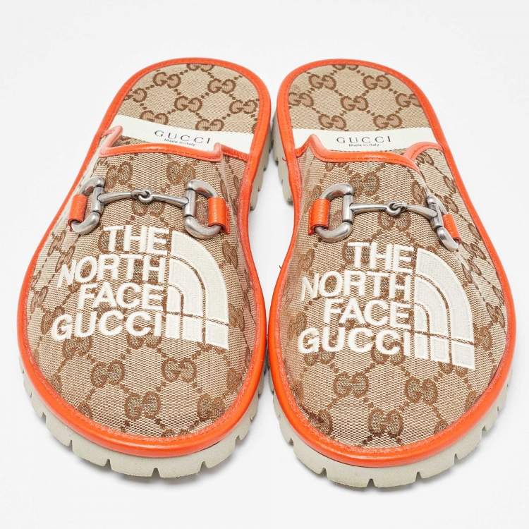 Pre Owned Gucci x The North Face Beige/Orange GG Canvas and Leather Slide Flats Size 43