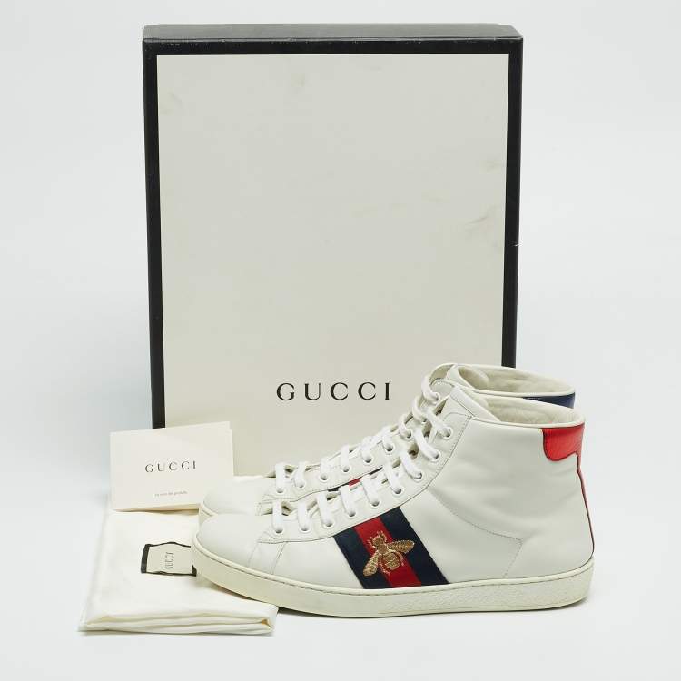 Pre Owned Gucci White/Blue Leather Embroidered Bee Web Ace High-Top Sneakers Size 41.5