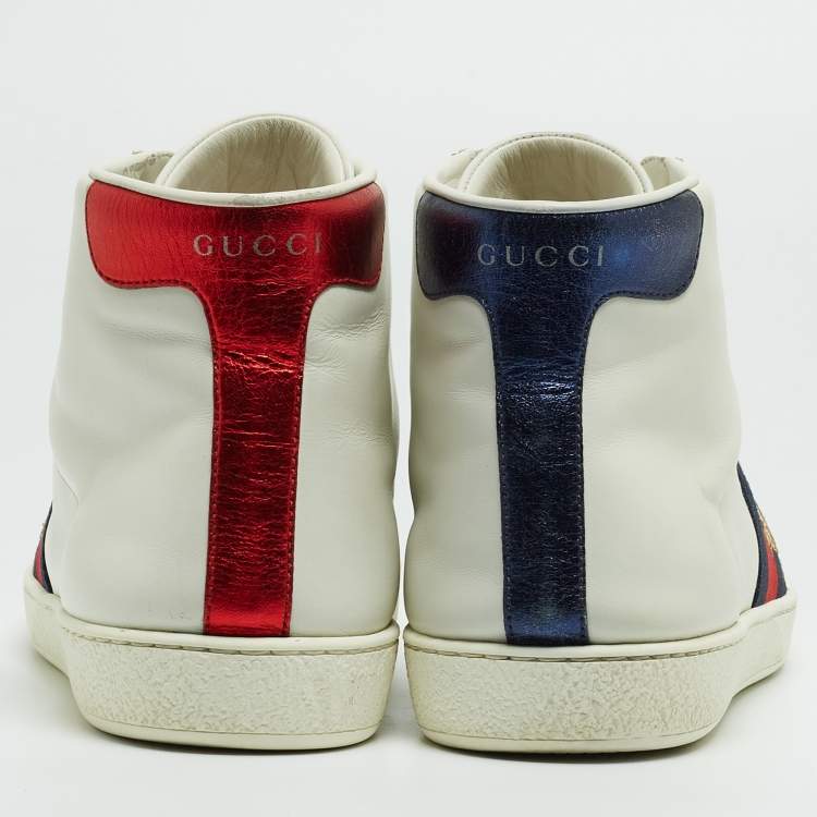 Pre Owned Gucci White/Blue Leather Embroidered Bee Web Ace High-Top Sneakers Size 41.5