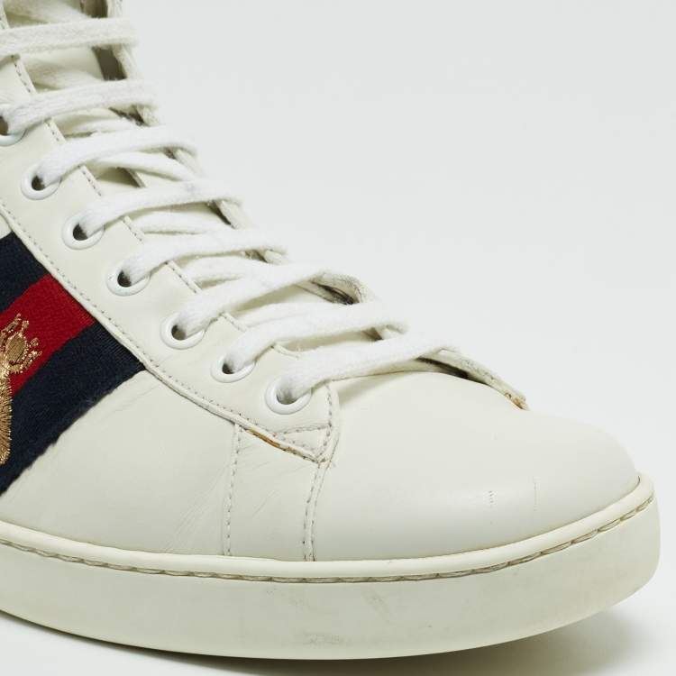 Pre Owned Gucci White/Blue Leather Embroidered Bee Web Ace High-Top Sneakers Size 41.5