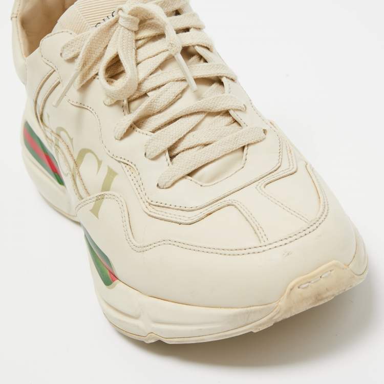 Pre Owned Gucci Cream Leather Rhyton Low Top Sneakers Size 40.5