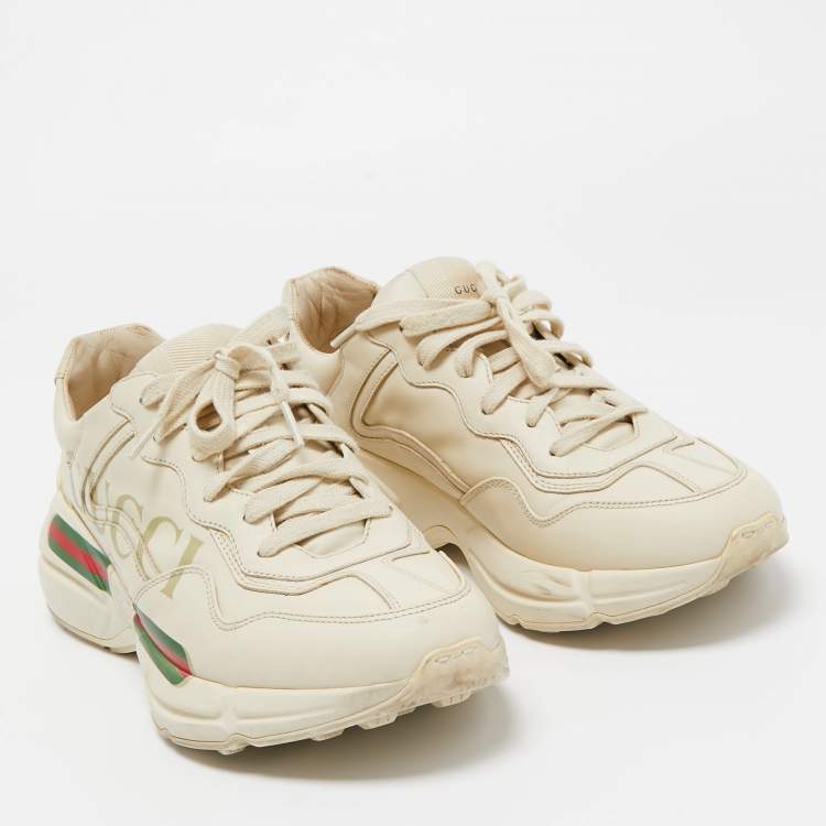 Pre Owned Gucci Cream Leather Rhyton Low Top Sneakers Size 40.5