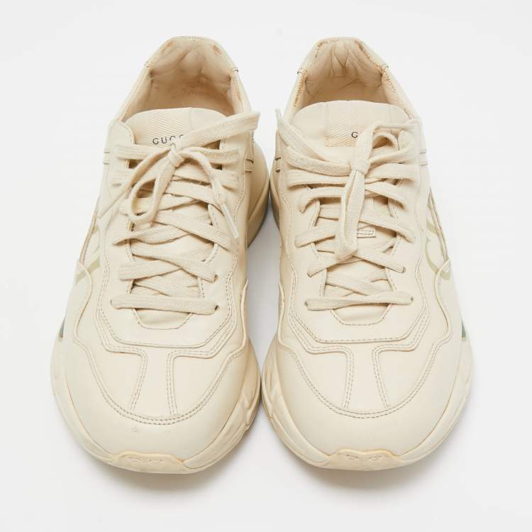 Pre Owned Gucci Cream Leather Rhyton Low Top Sneakers Size 40.5