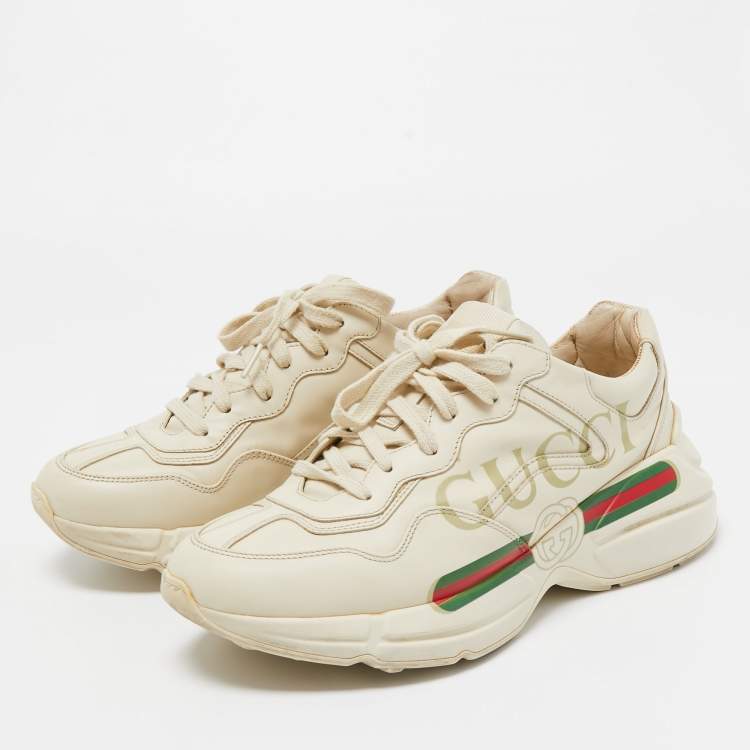 Pre Owned Gucci Cream Leather Rhyton Low Top Sneakers Size 40.5