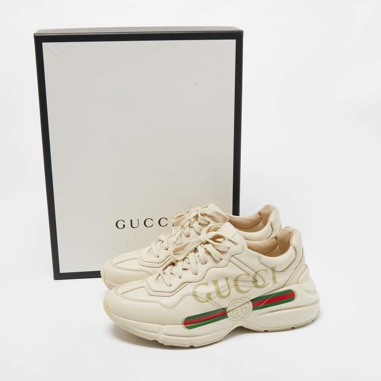 Pre Owned Gucci Cream Leather Rhyton Low Top Sneakers Size 40.5