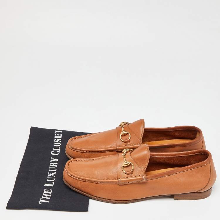 Pre Owned Gucci Tan Leather Horsebit Loafers Size 45