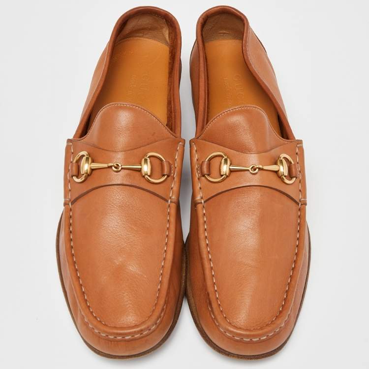 Pre Owned Gucci Tan Leather Horsebit Loafers Size 45