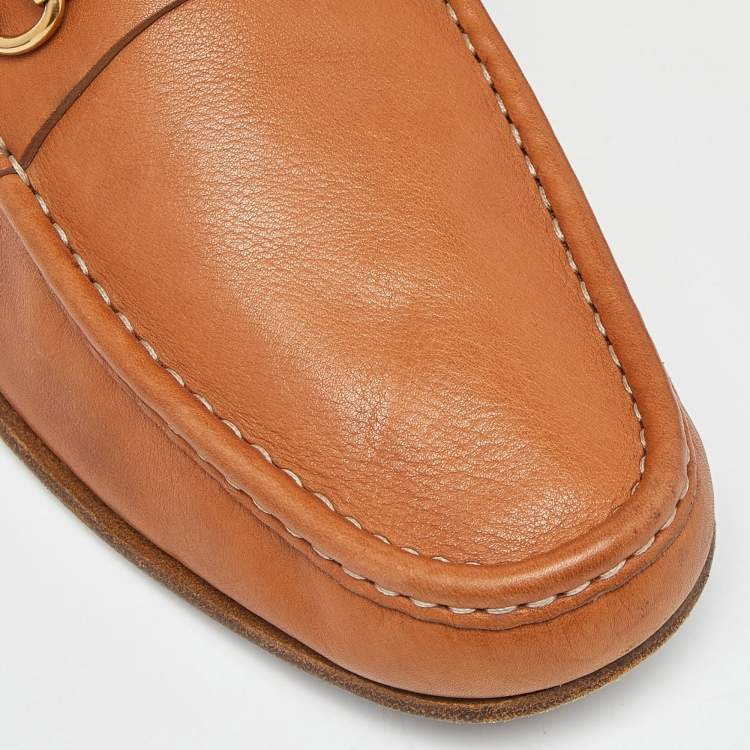 Pre Owned Gucci Tan Leather Horsebit Loafers Size 45