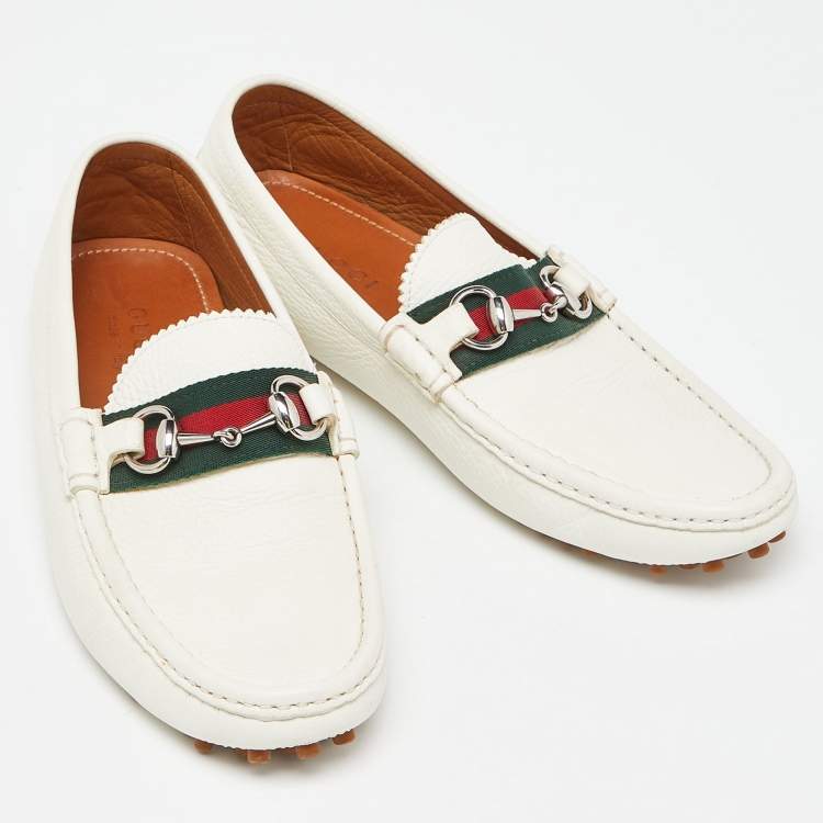 Pre Owned Gucci Off White Leather Web Horsebit Loafers Size 41