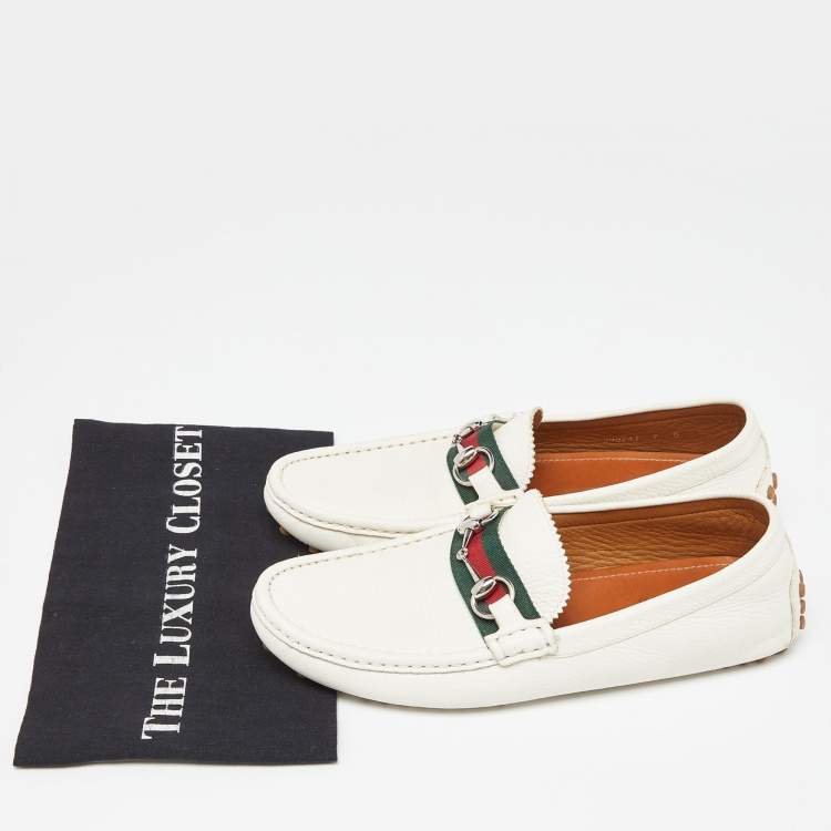 Pre Owned Gucci Off White Leather Web Horsebit Loafers Size 41