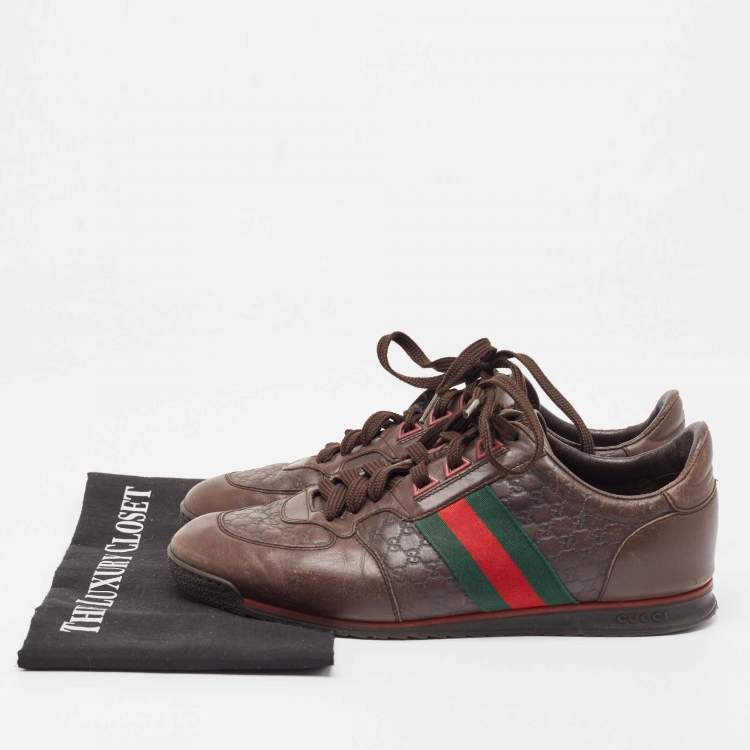 Pre Owned Gucci Brown Microguccissima Leather Web Low Top Sneakers Size 41.5