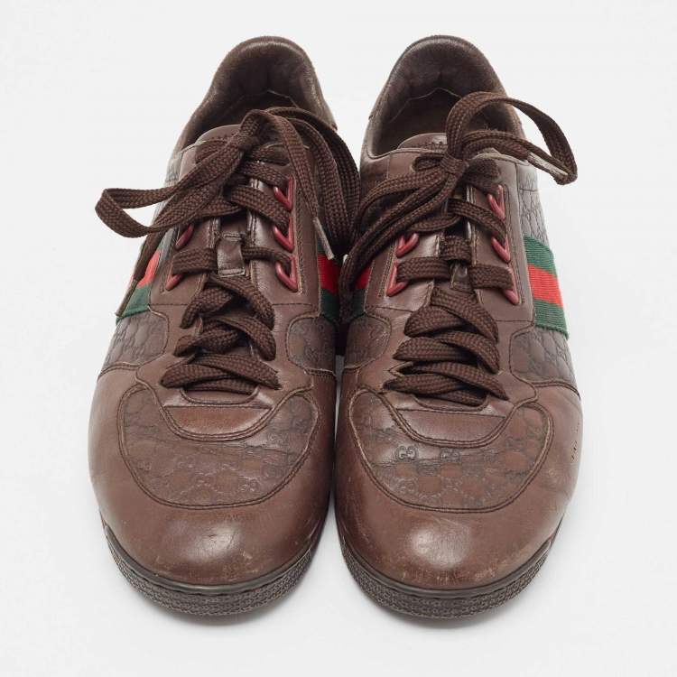 Pre Owned Gucci Brown Microguccissima Leather Web Low Top Sneakers Size 41.5