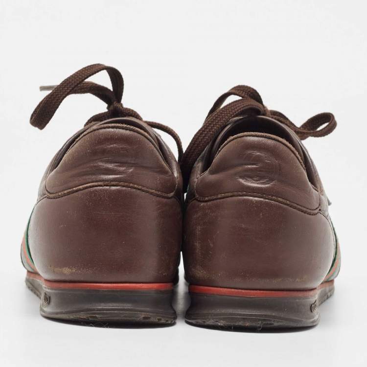 Pre Owned Gucci Brown Microguccissima Leather Web Low Top Sneakers Size 41.5