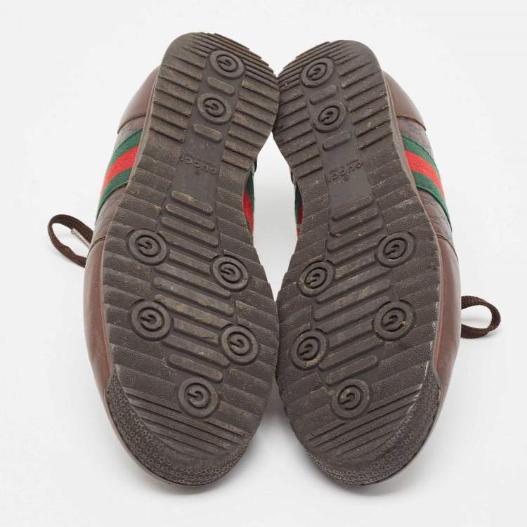 Pre Owned Gucci Brown Microguccissima Leather Web Low Top Sneakers Size 41.5
