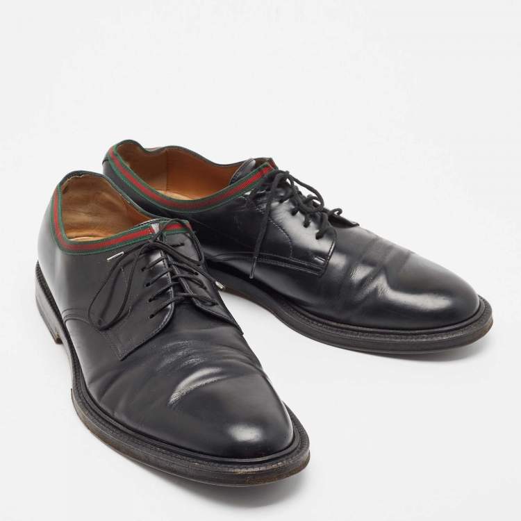 Pre Owned Gucci Black Leather Web Accent Derby Size 45