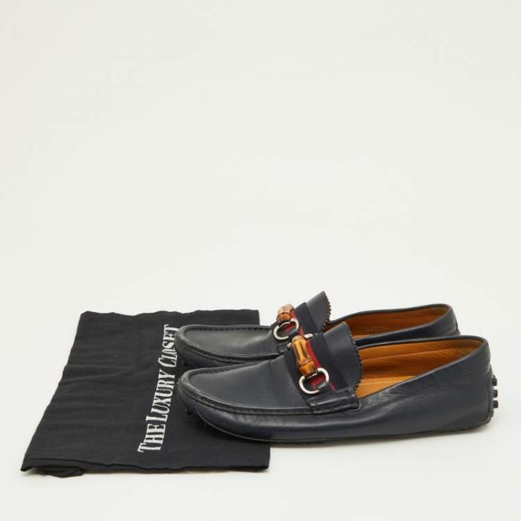 Pre Owned Gucci Navy Blue Leather Web Bamboo Horsebit Loafers Size 41