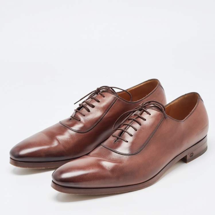 Pre Owned Gucci Brown Leather Slip On Oxfords Size 45