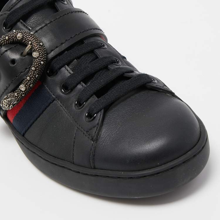 Pre Owned Gucci Black Leather And Python Trim Ace Dionysus Buckle Lace Up Sneakers Size 40.5