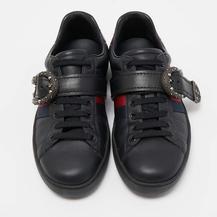 Pre Owned Gucci Black Leather And Python Trim Ace Dionysus Buckle Lace Up Sneakers Size 40.5