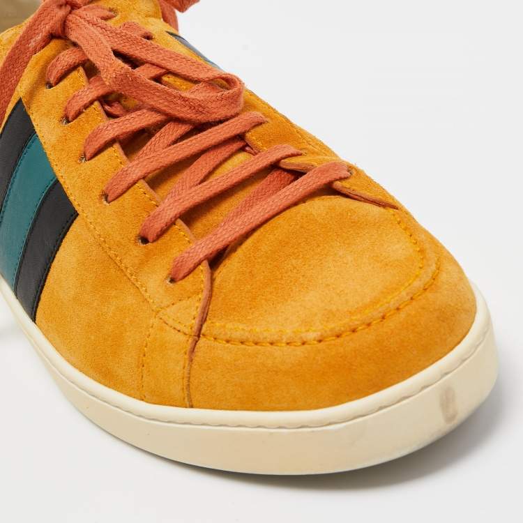 Pre Owned Gucci Mustard Suede Web Low Top Sneakers Size 42.5