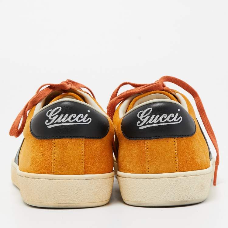 Pre Owned Gucci Mustard Suede Web Low Top Sneakers Size 42.5