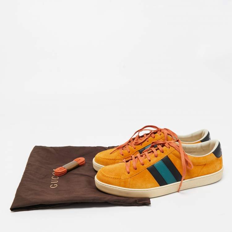 Pre Owned Gucci Mustard Suede Web Low Top Sneakers Size 42.5