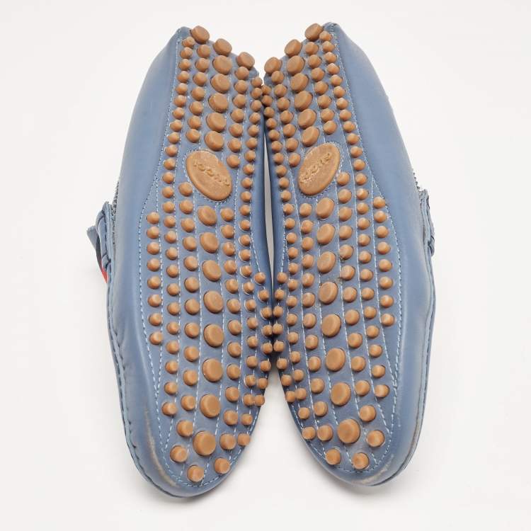 Pre Owned Gucci Blue Leather Web Slip On Loafers Size 43.5