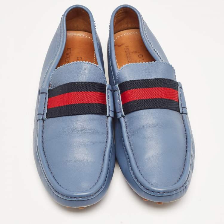 Pre Owned Gucci Blue Leather Web Slip On Loafers Size 43.5