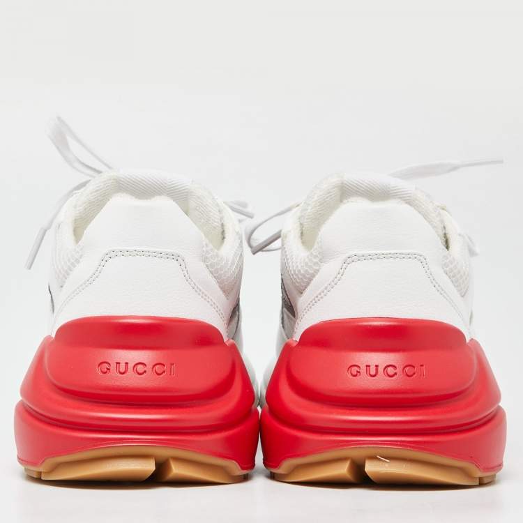 Pre Owned Gucci White Leather and Mesh Web Rhyton Sneakers Size 41.5