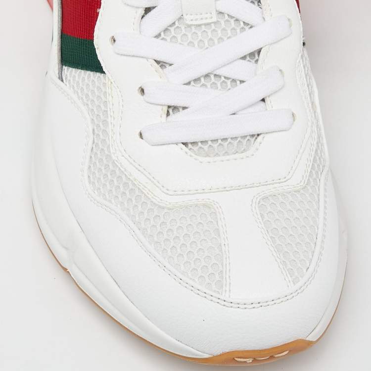 Pre Owned Gucci White Leather and Mesh Web Rhyton Sneakers Size 41.5