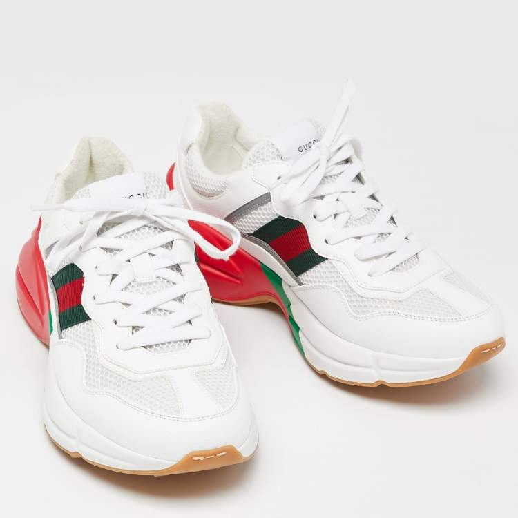 Pre Owned Gucci White Leather and Mesh Web Rhyton Sneakers Size 41.5