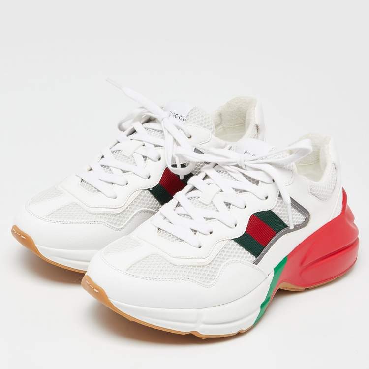 Pre Owned Gucci White Leather and Mesh Web Rhyton Sneakers Size 41.5