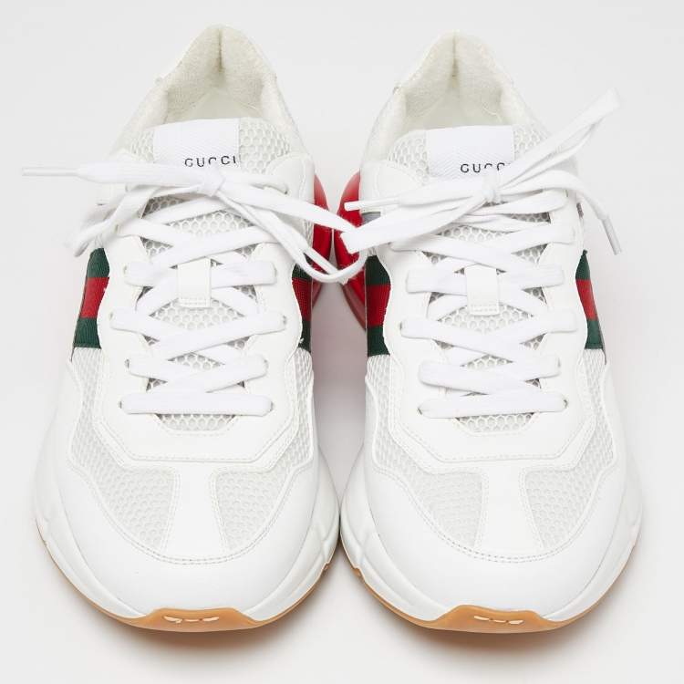 Pre Owned Gucci White Leather and Mesh Web Rhyton Sneakers Size 41.5