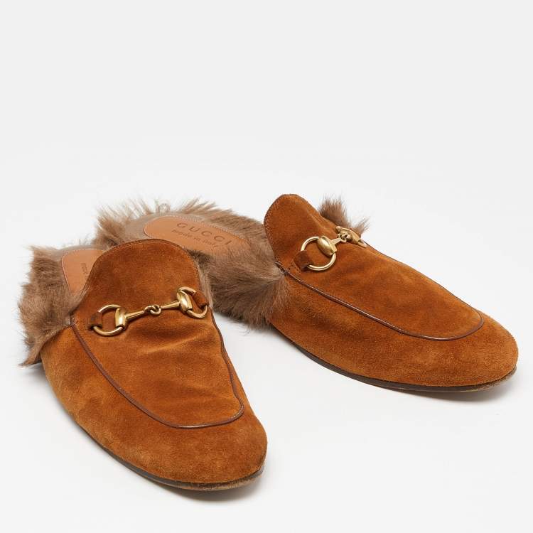 Pre Owned Gucci Brown Suede and Fur Lined Princetown Flat Mules Size 42