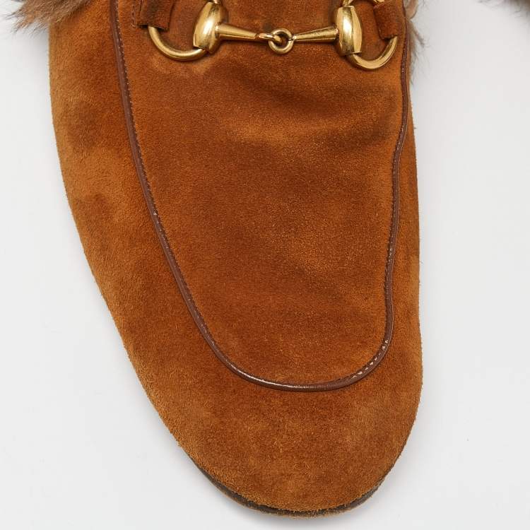 Pre Owned Gucci Brown Suede and Fur Lined Princetown Flat Mules Size 42