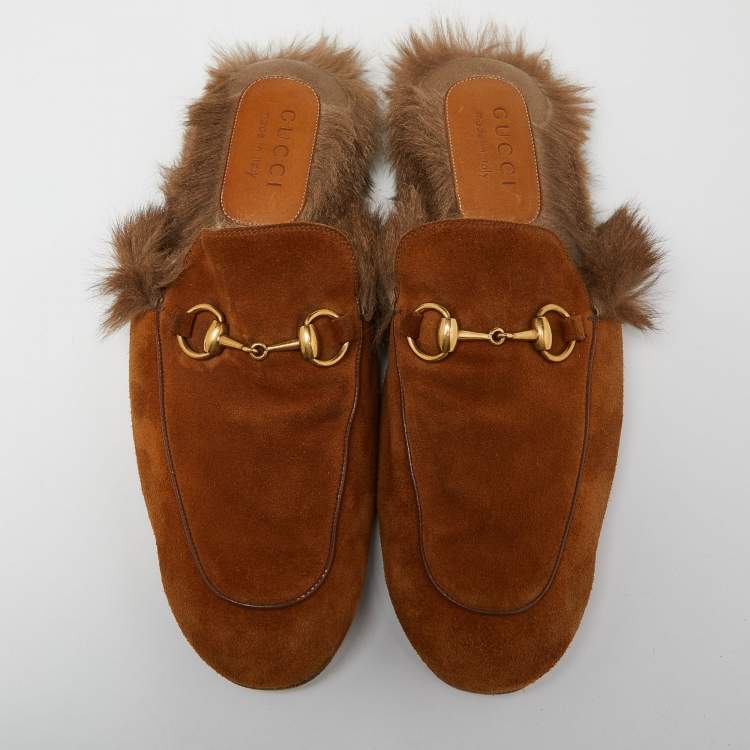 Pre Owned Gucci Brown Suede and Fur Lined Princetown Flat Mules Size 42