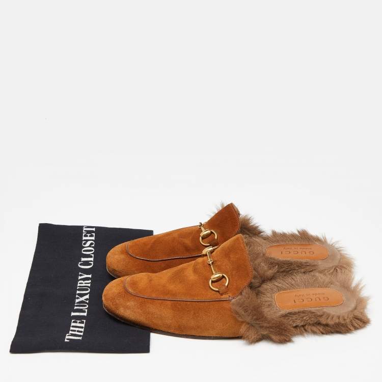 Pre Owned Gucci Brown Suede and Fur Lined Princetown Flat Mules Size 42