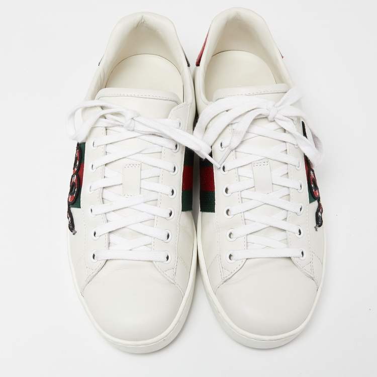 Pre Owned Gucci White Leather Embroidered Snake Ace Sneakers Size 41