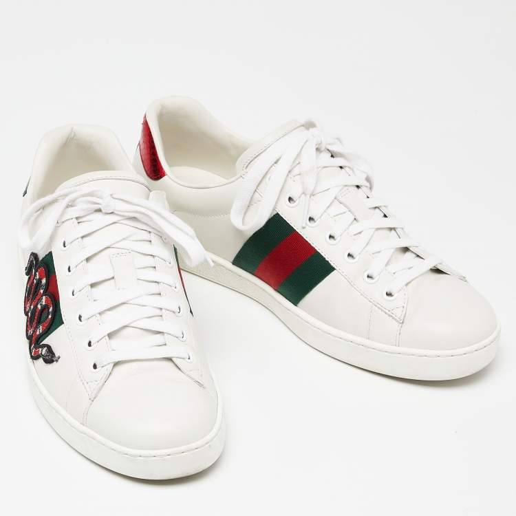 Pre Owned Gucci White Leather Embroidered Snake Ace Sneakers Size 41