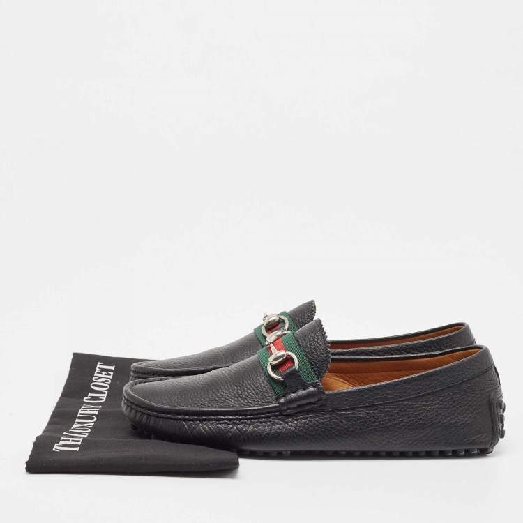 Pre Owned Gucci Black Leather Web Horsebit Loafers Size 41.5