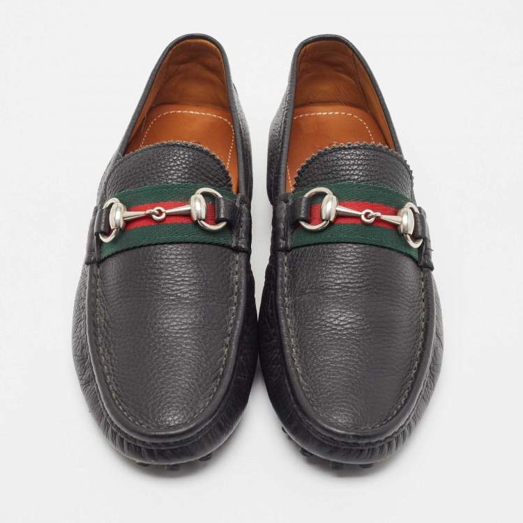 Pre Owned Gucci Black Leather Web Horsebit Loafers Size 41.5