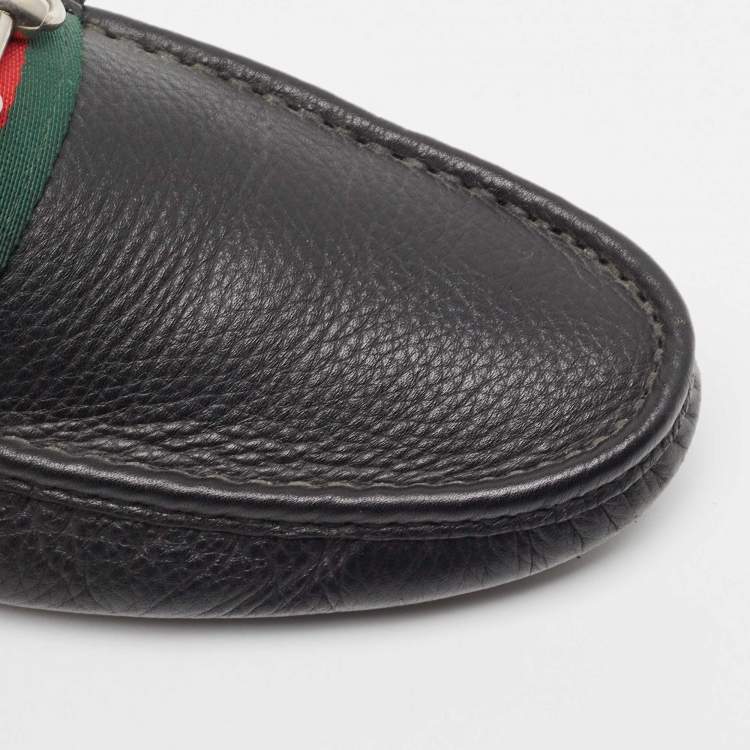 Pre Owned Gucci Black Leather Web Horsebit Loafers Size 41.5