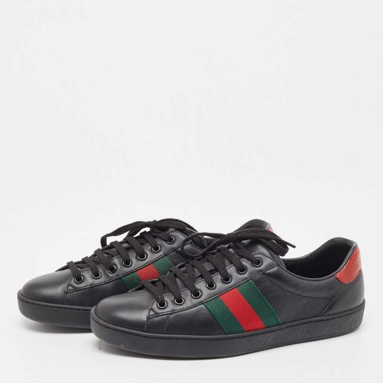 Pre Owned Gucci Black Leather Ace Web Low Top Sneakers Size 41.5
