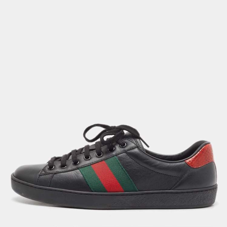 Pre Owned Gucci Black Leather Ace Web Low Top Sneakers Size 41.5