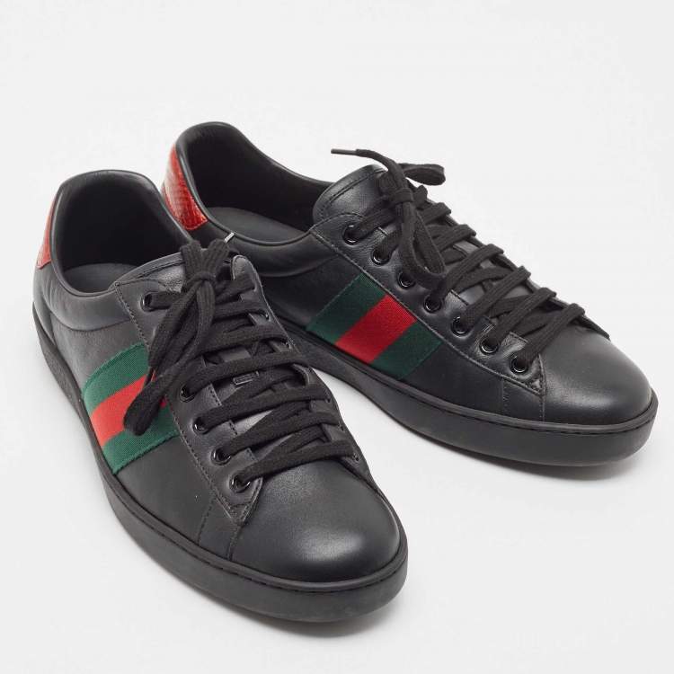 Pre Owned Gucci Black Leather Ace Web Low Top Sneakers Size 41.5