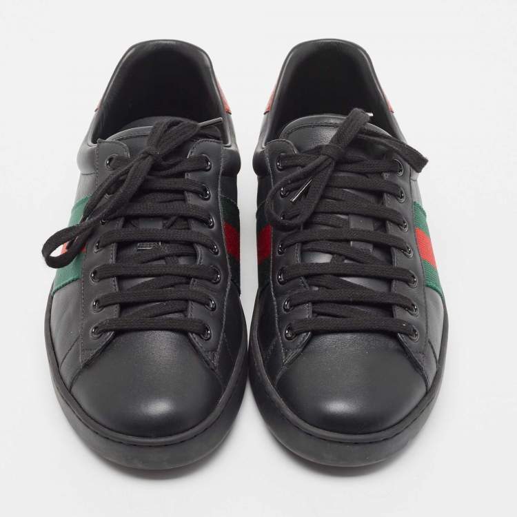 Pre Owned Gucci Black Leather Ace Web Low Top Sneakers Size 41.5
